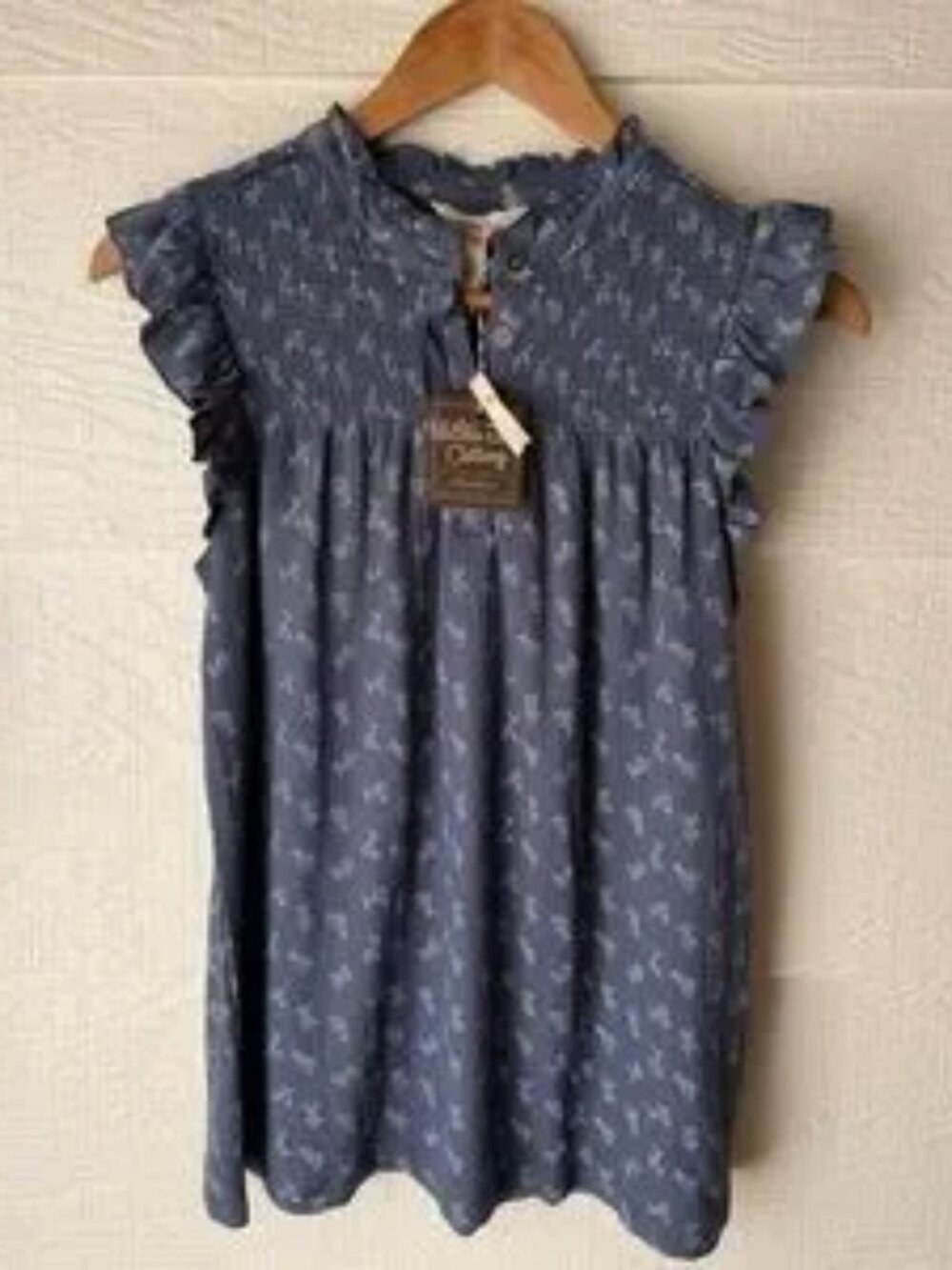 Blue Floral Smocked Ruffle Sleeve Top